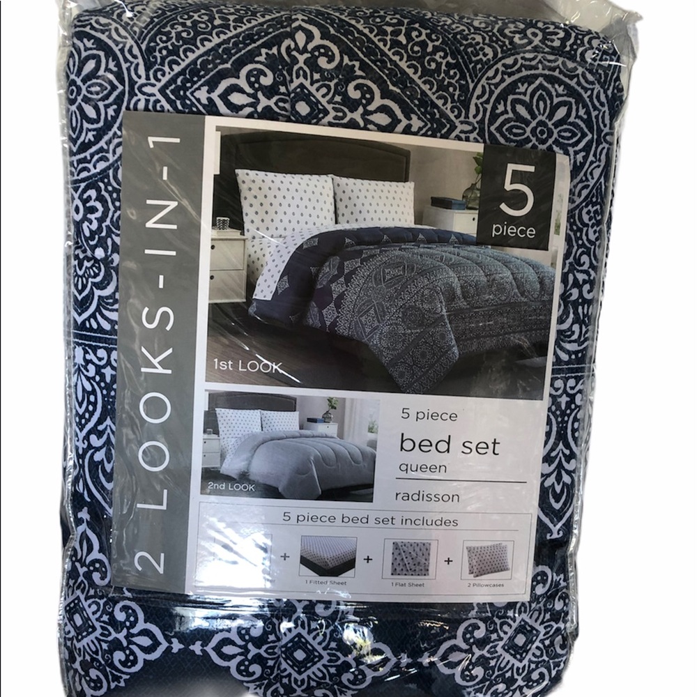 Ellison blue pattern 5-piece queen bed set